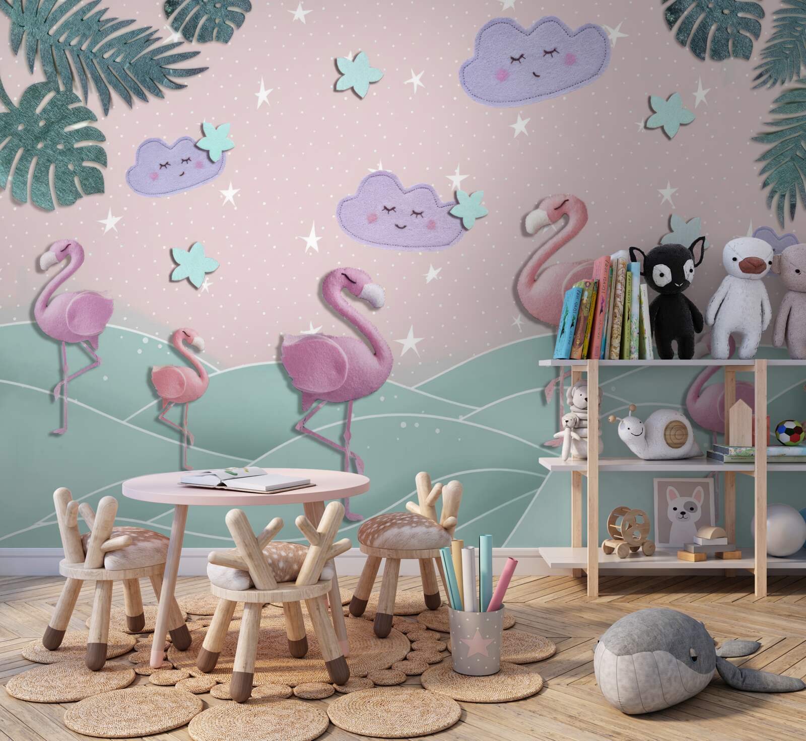 Fotobehang roze flamingo's balanceren op één poot