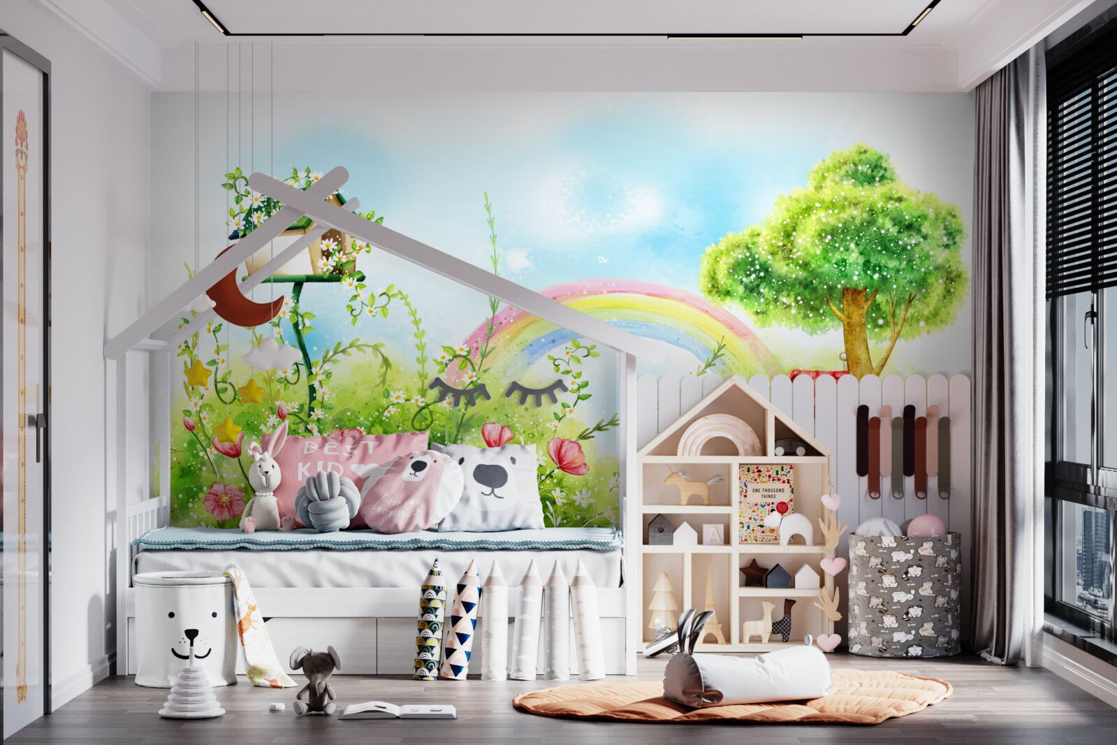 Fotobehang gazon, klein huis en veelkleurige boog