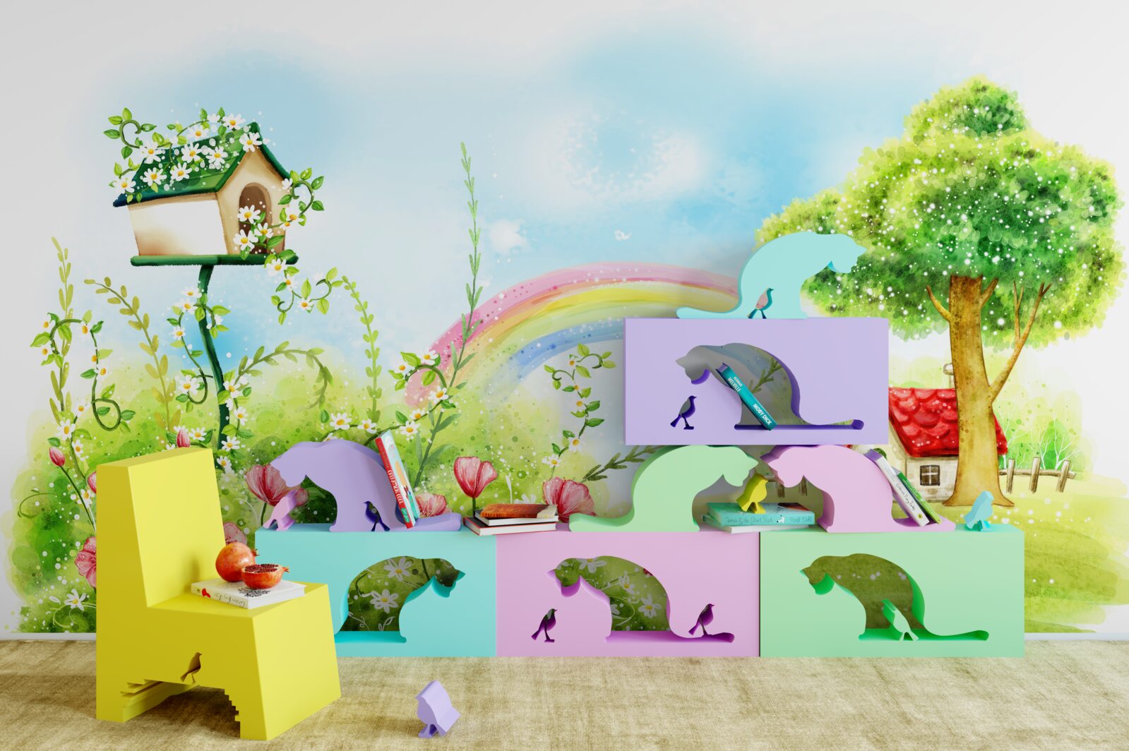 Fotobehang gazon, klein huis en veelkleurige boog