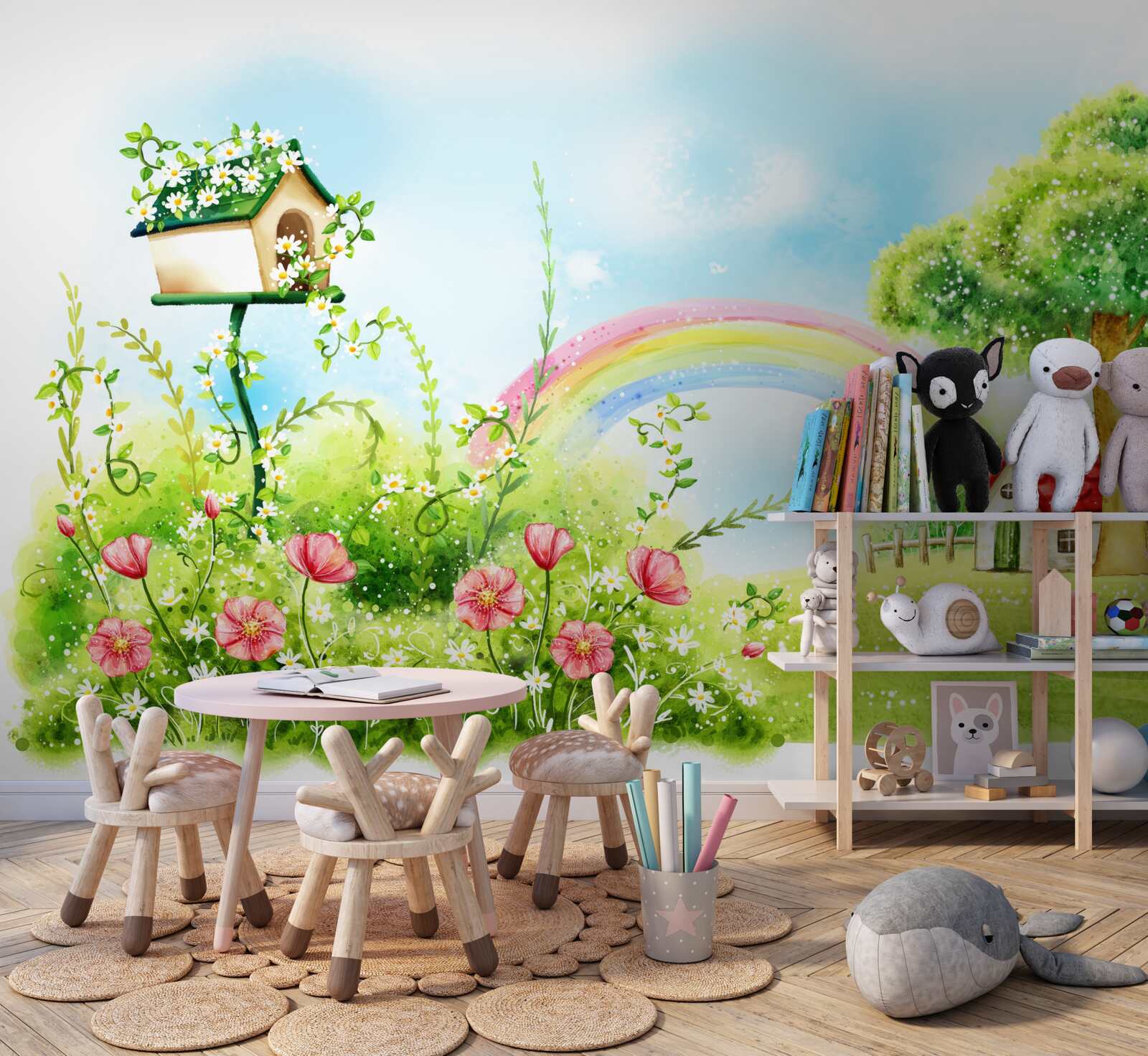 Fotobehang gazon, klein huis en veelkleurige boog