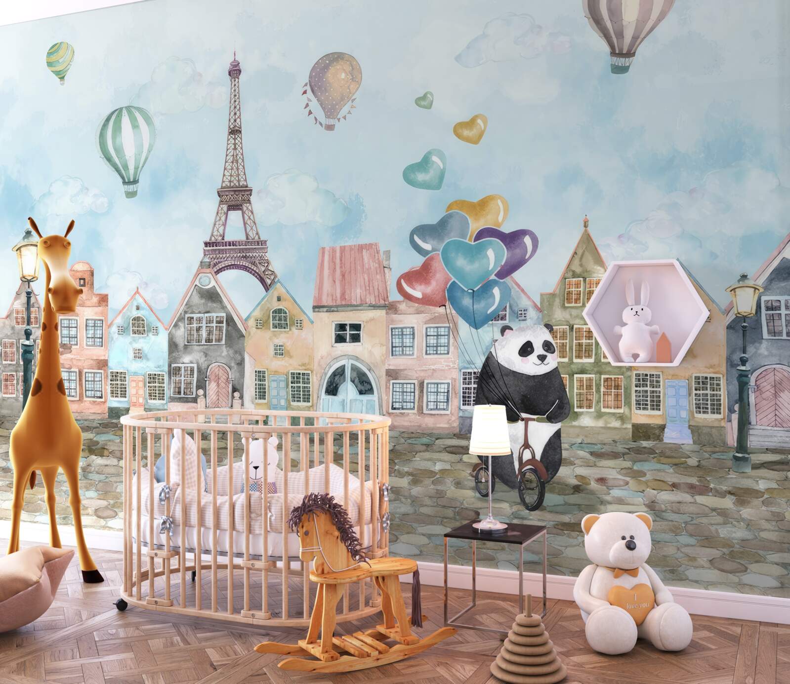 Fotobehang panda rijdt op zijn fiets door parijs