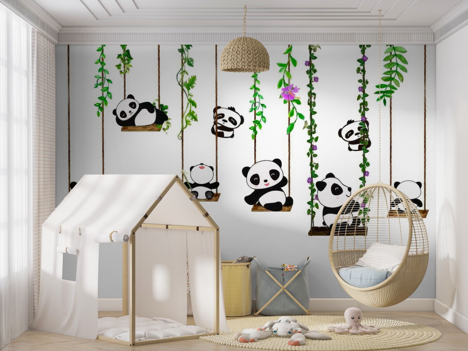 Fotobehang groene schommel vrolijke panda's