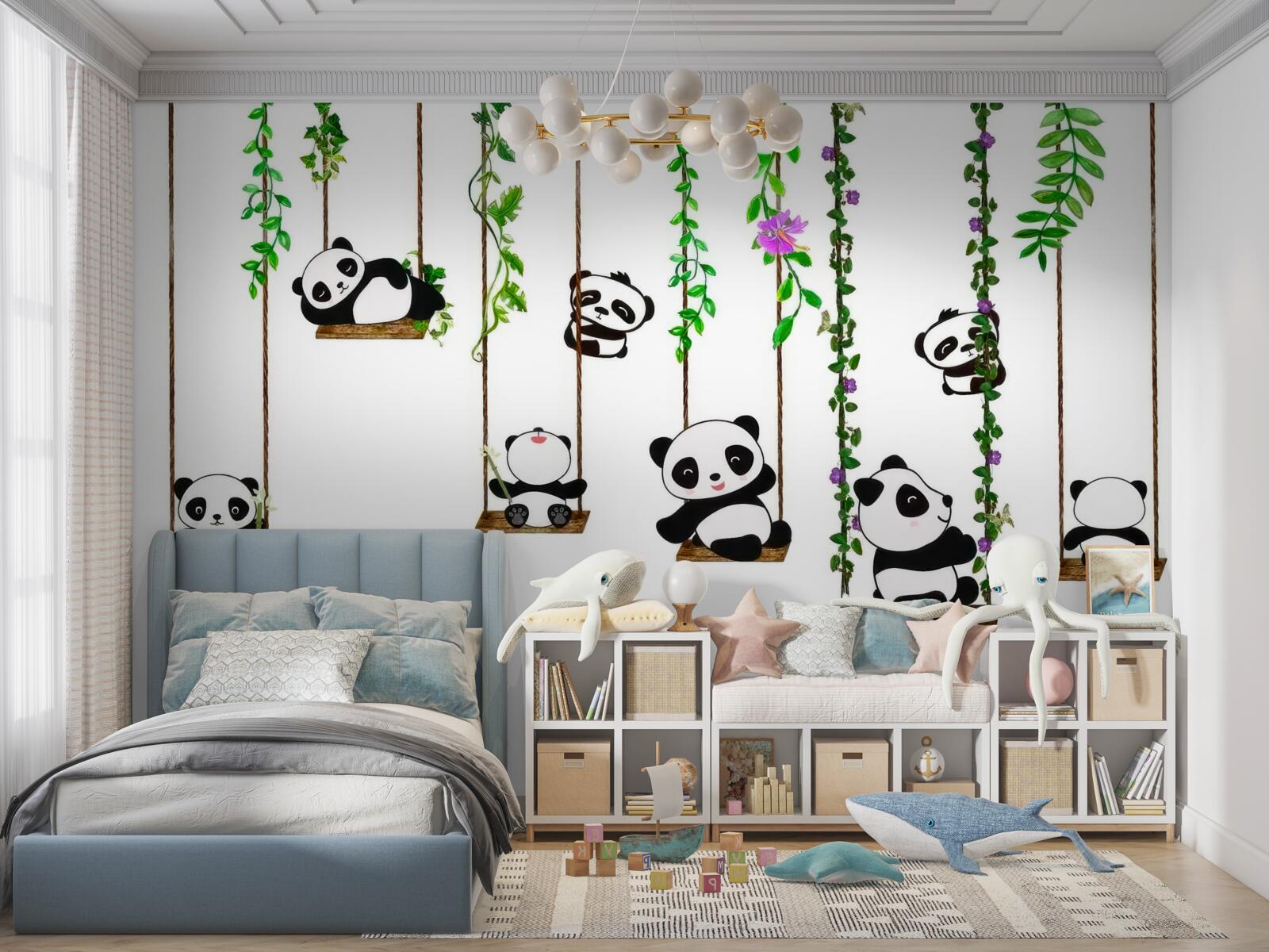 Fotobehang groene schommel vrolijke panda's
