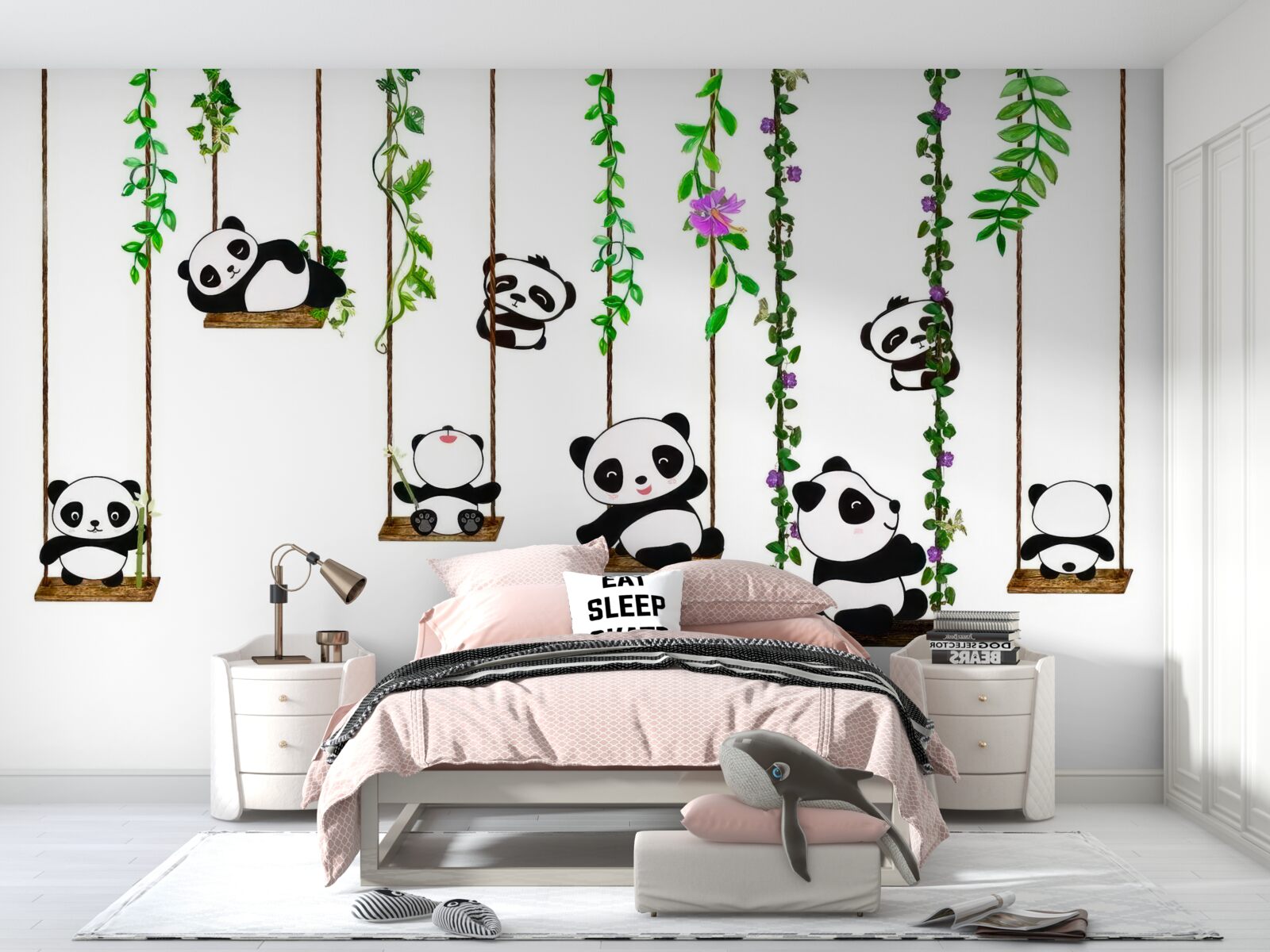 Fotobehang groene schommel vrolijke panda's