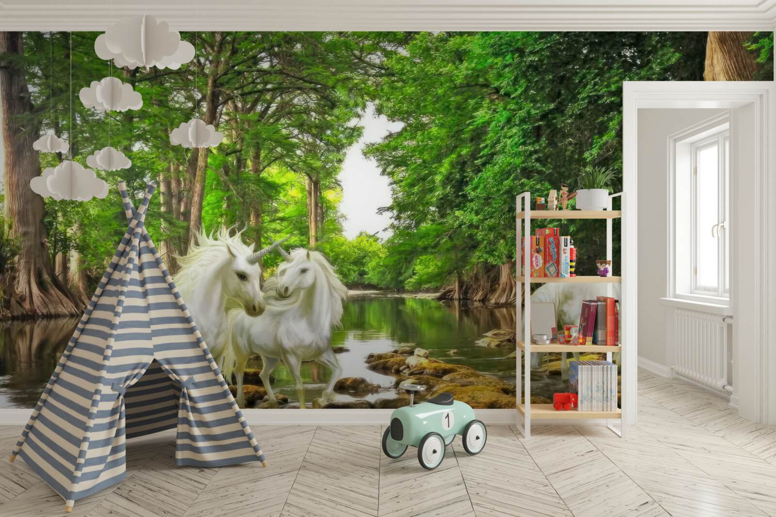 Fotobehang in het bos bij het water zijn er drie lichte pegasi's