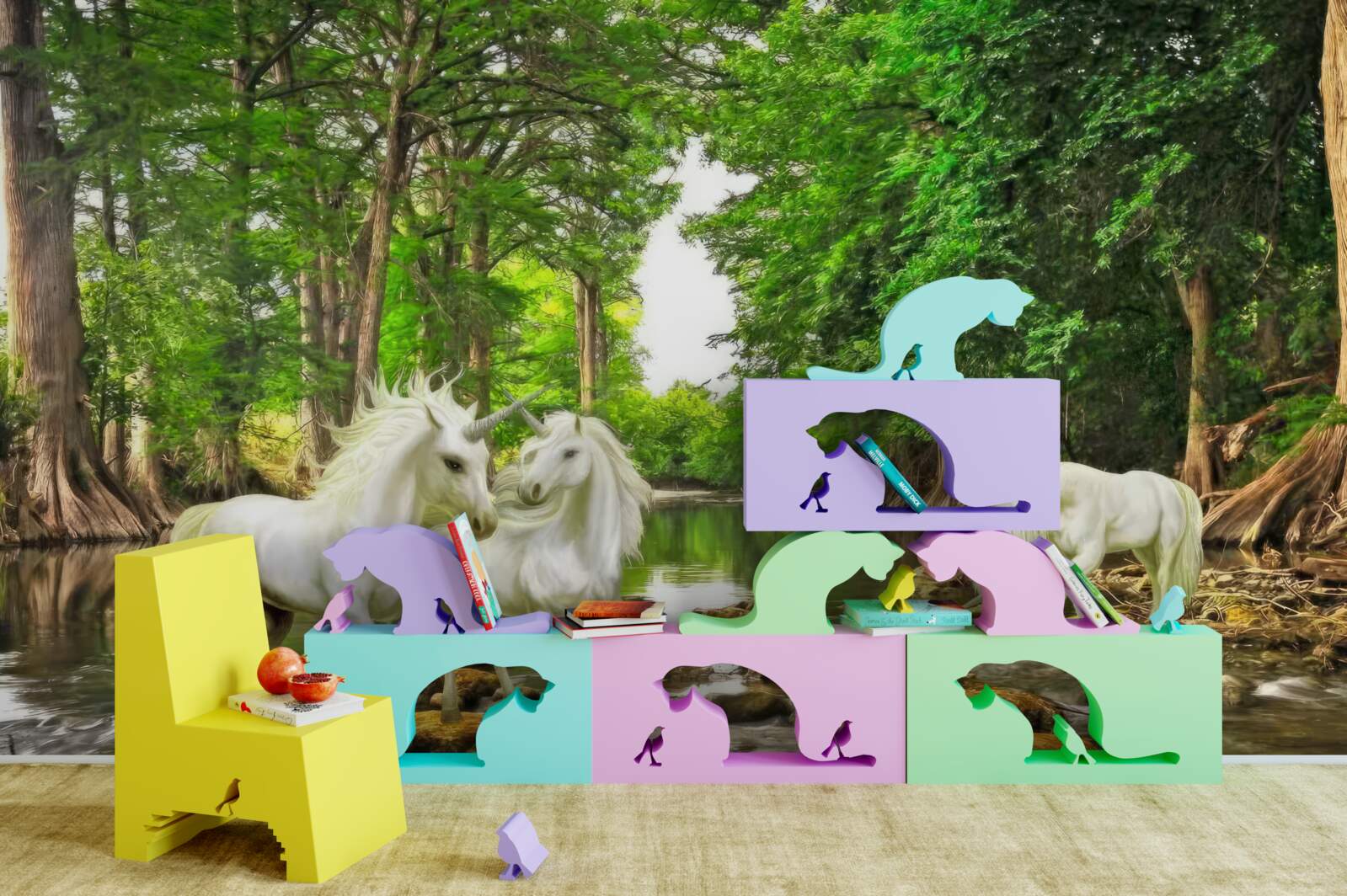 Fotobehang in het bos bij het water zijn er drie lichte pegasi's