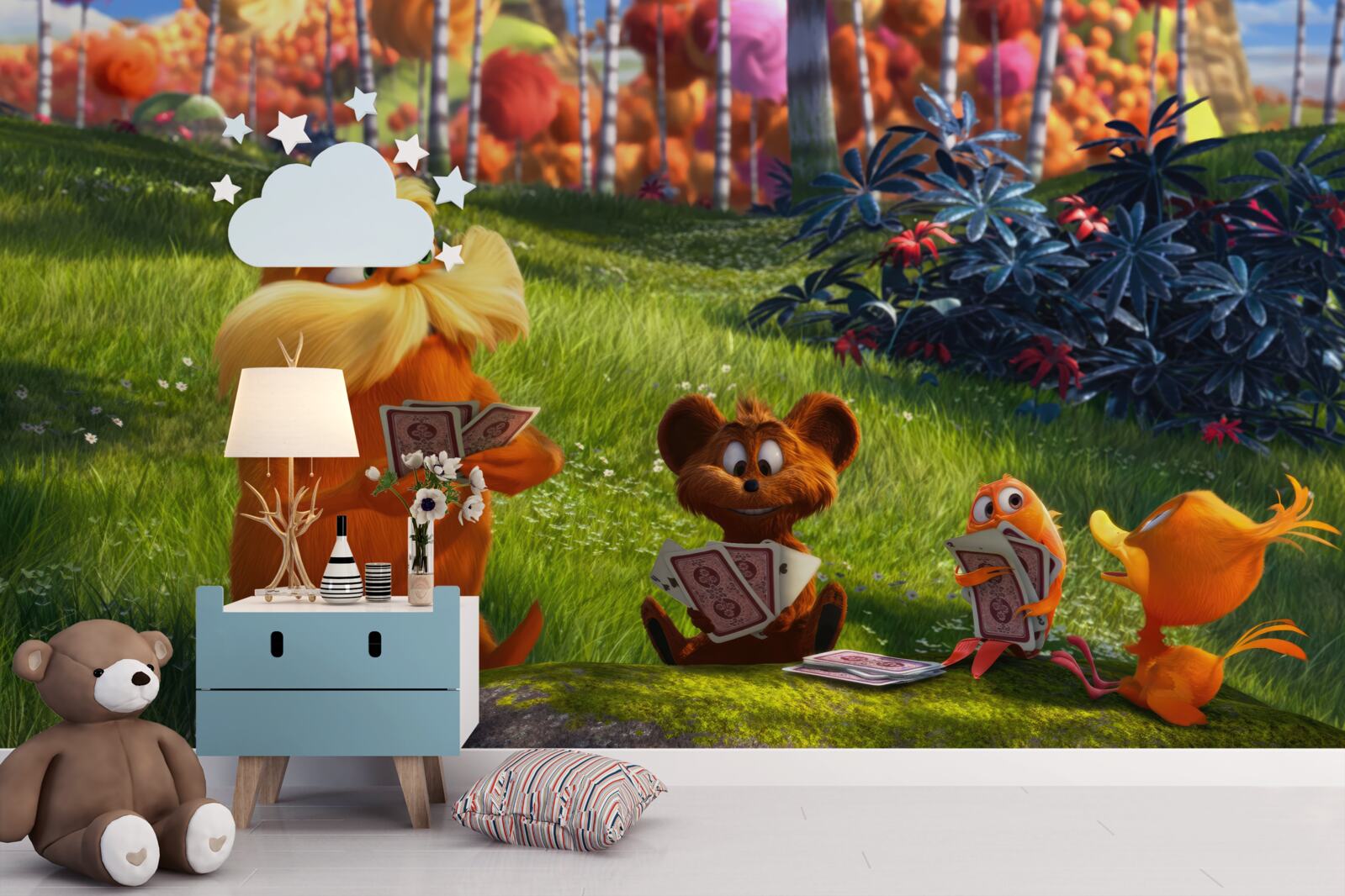 Fotobehang op een open plek in het bos spelen dieren enthousiast kaart