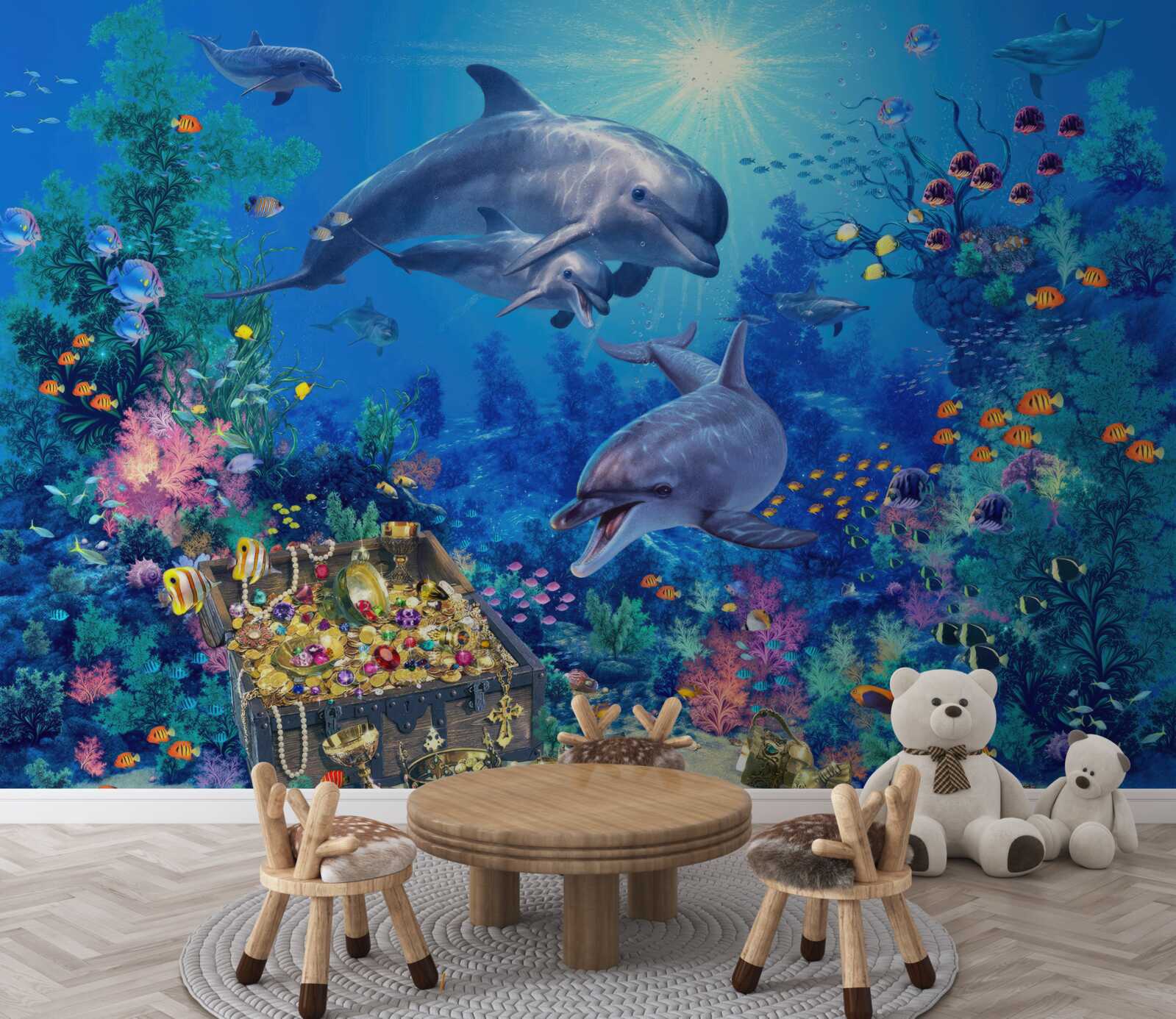 Fotobehang groep dolfijnen in een onderwateromgeving