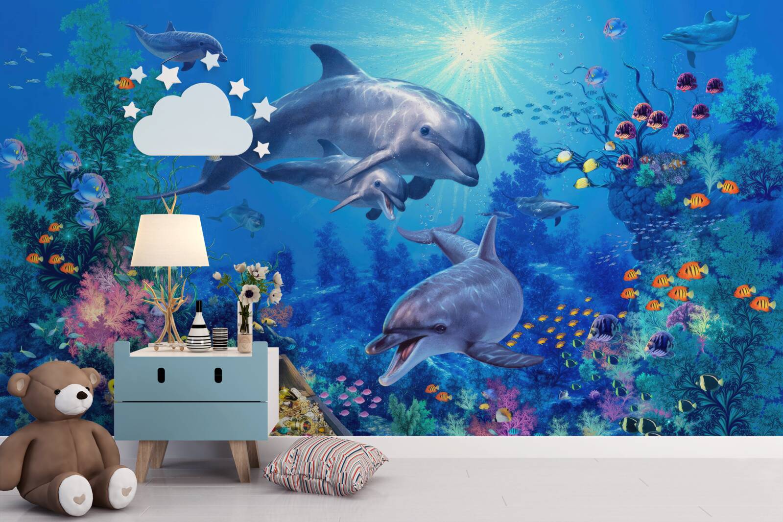 Fotobehang groep dolfijnen in een onderwateromgeving