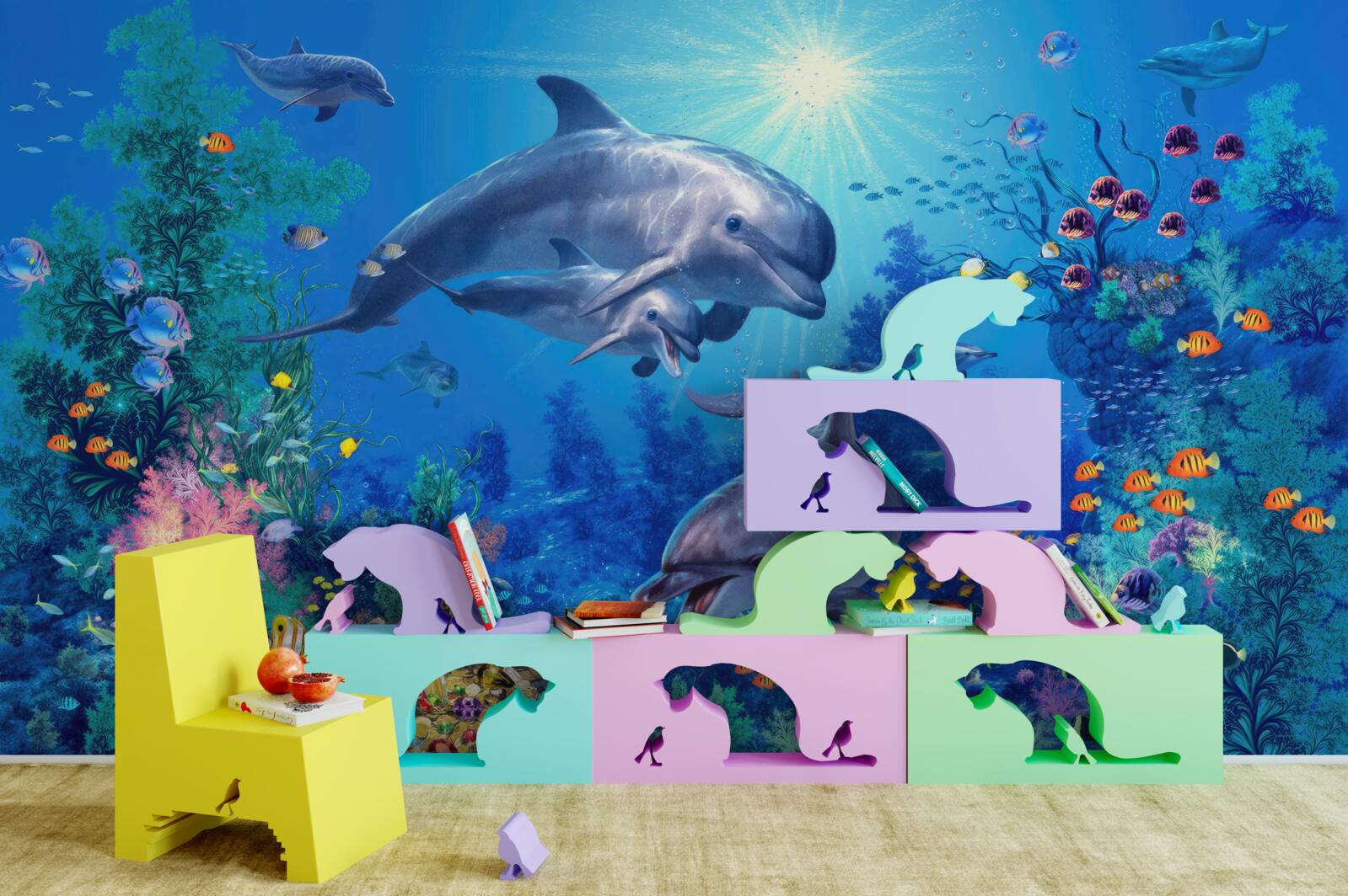 Fotobehang groep dolfijnen in een onderwateromgeving