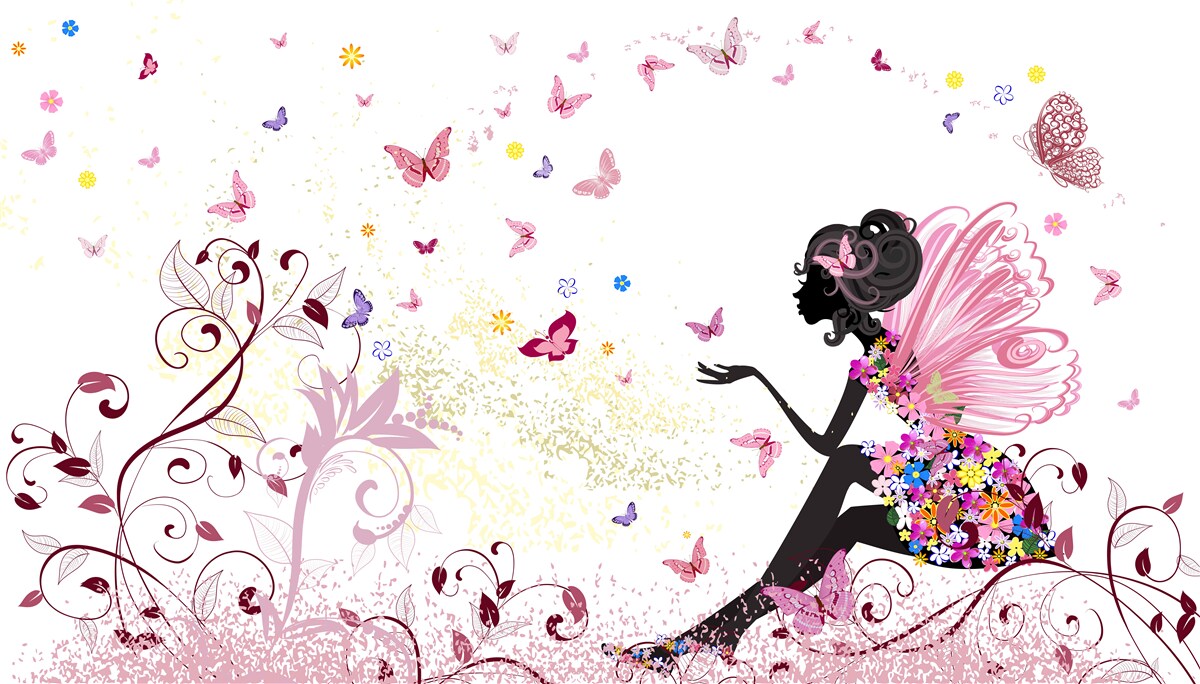 Fotobehang contour van een meisje en veel vlinders