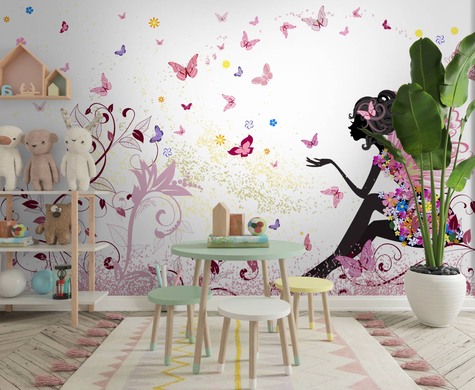 Fotobehang contour van een meisje en veel vlinders