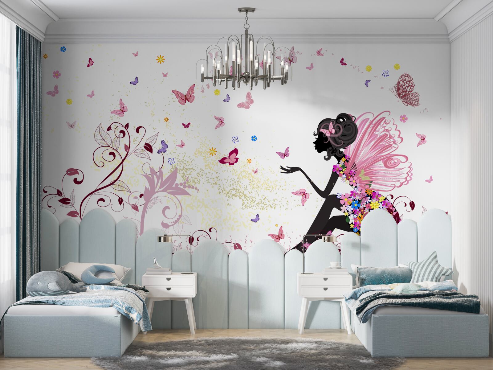 Fotobehang contour van een meisje en veel vlinders