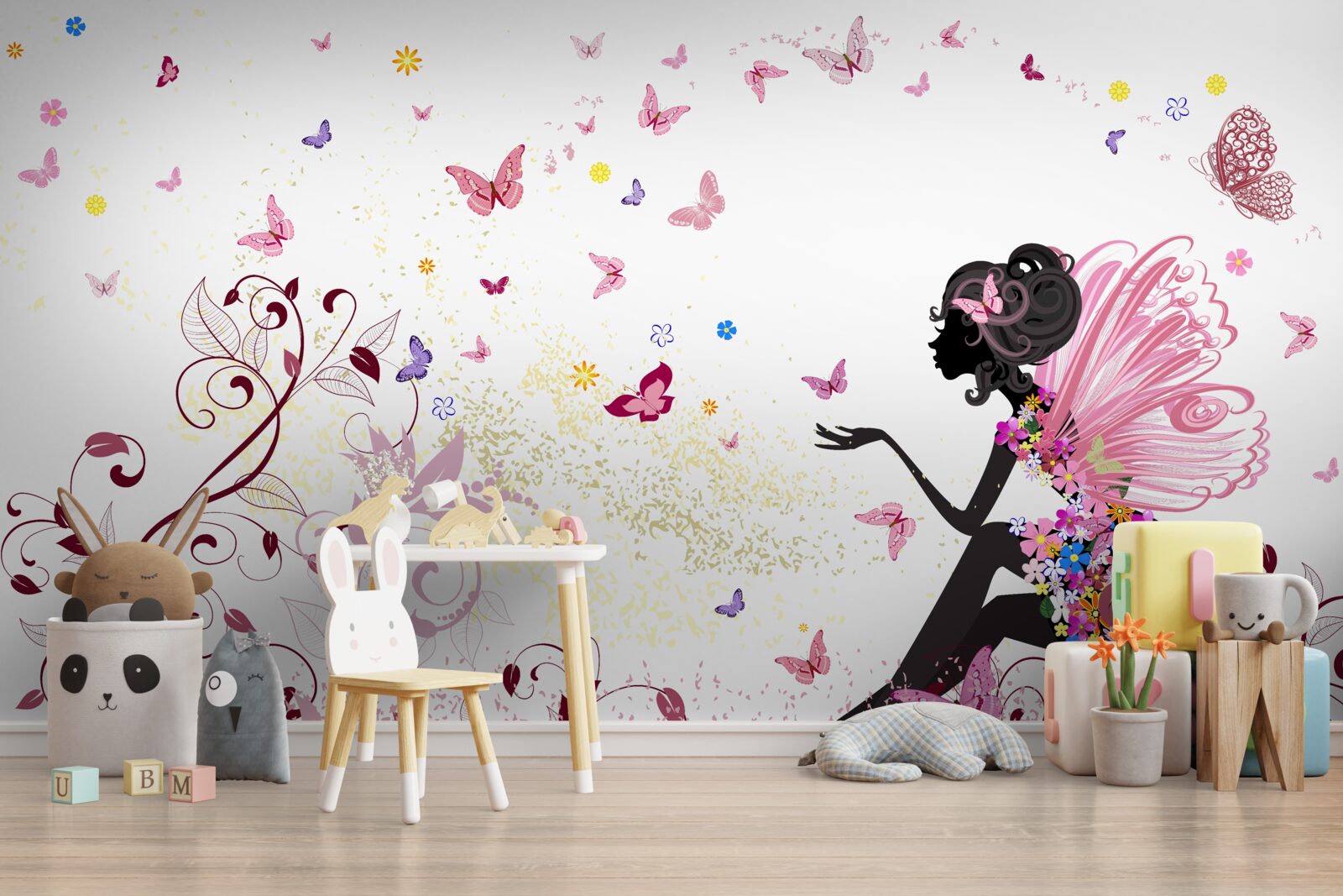 Fotobehang contour van een meisje en veel vlinders