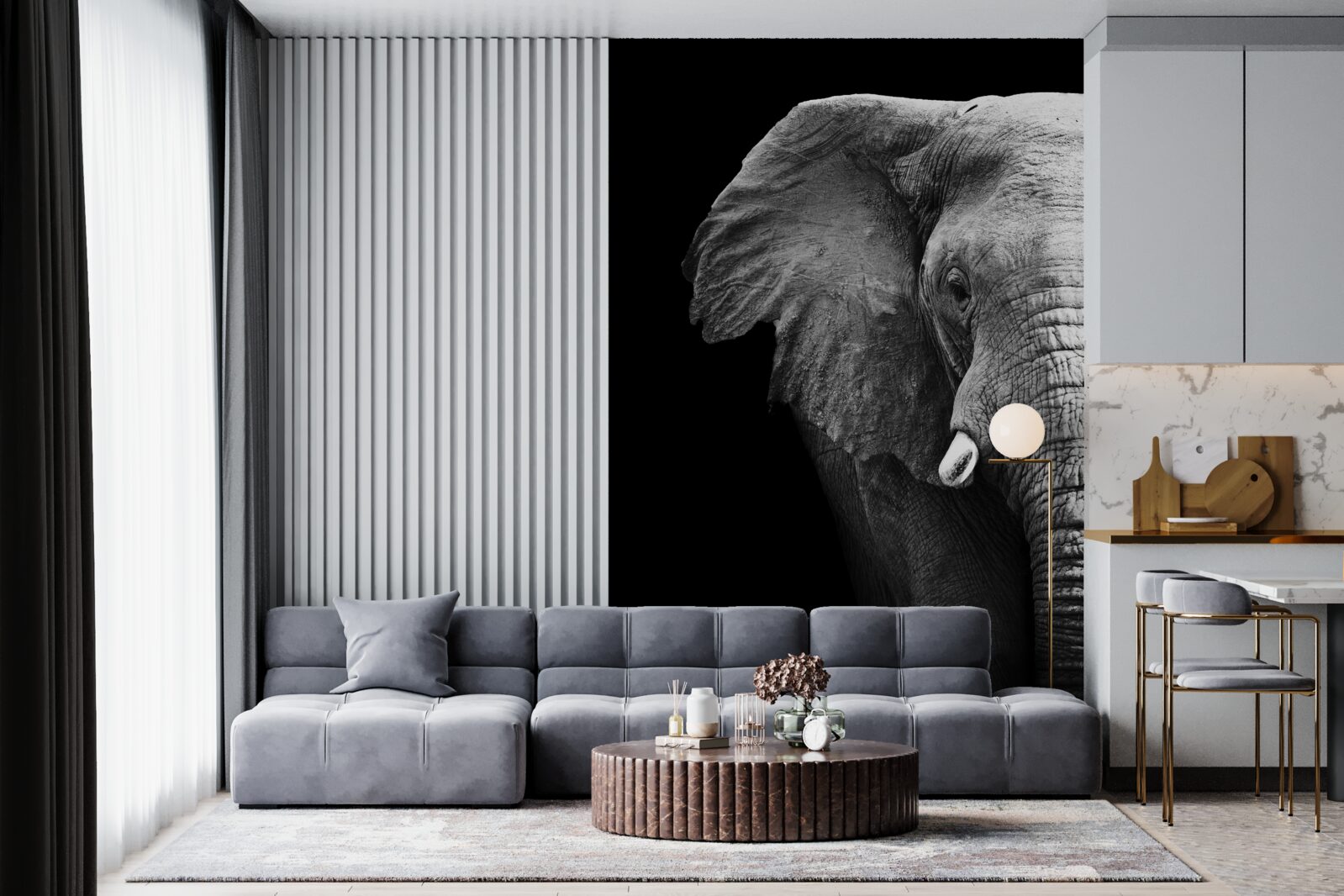 Fotobehang close-up van een olifant op een zwarte achtergrond