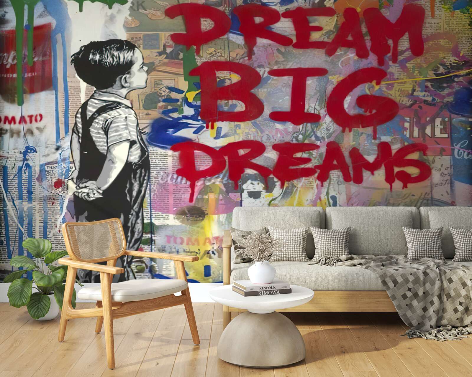 Fotobehang jongen observeert muur bedekt met tekeningen