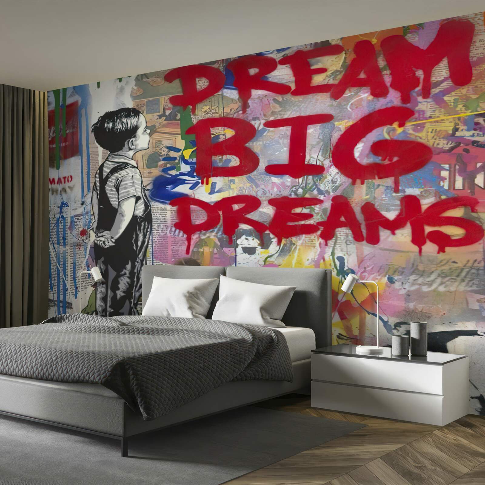 Fotobehang jongen observeert muur bedekt met tekeningen