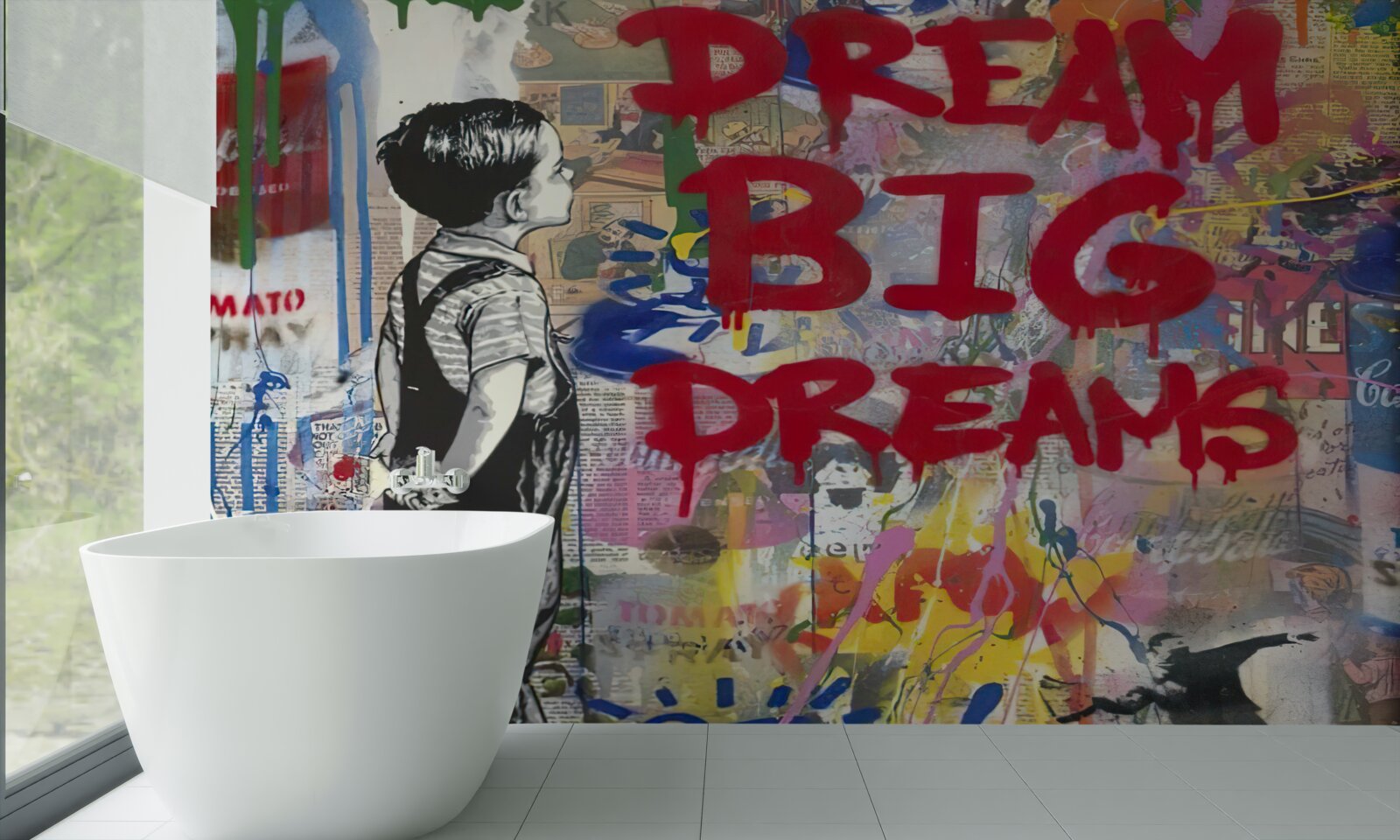 Fotobehang jongen observeert muur bedekt met tekeningen