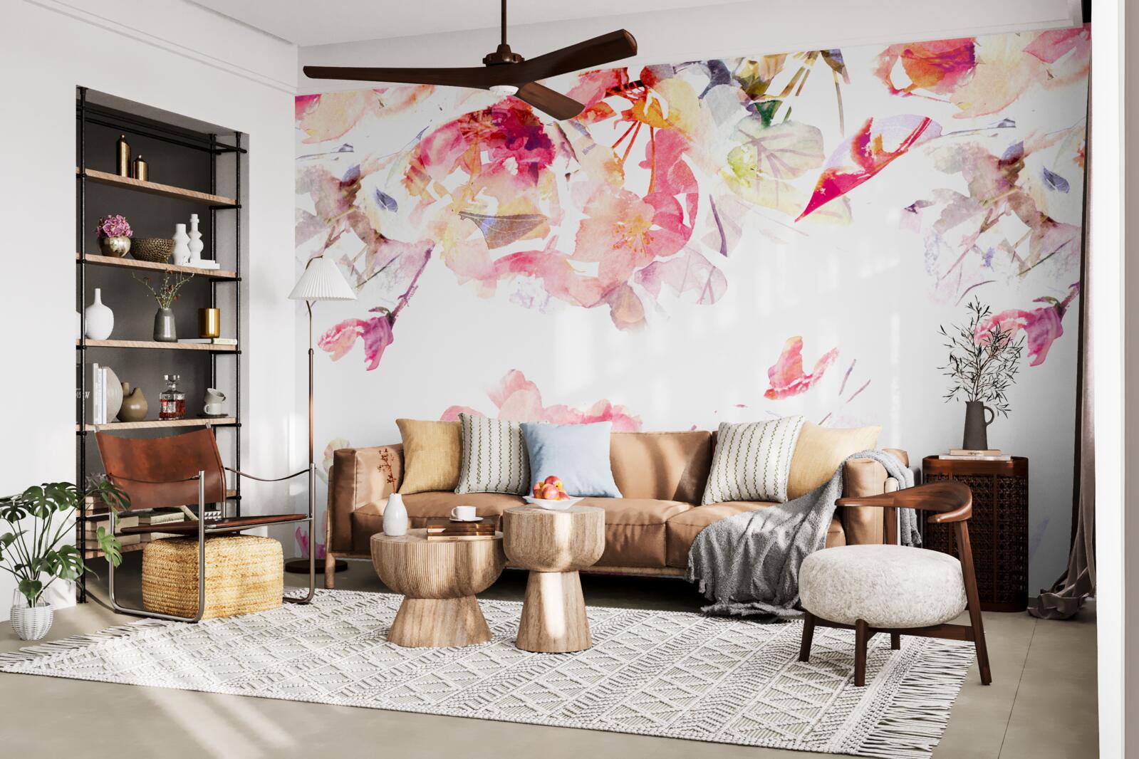 Fotobehang schilderij van roze bloemen