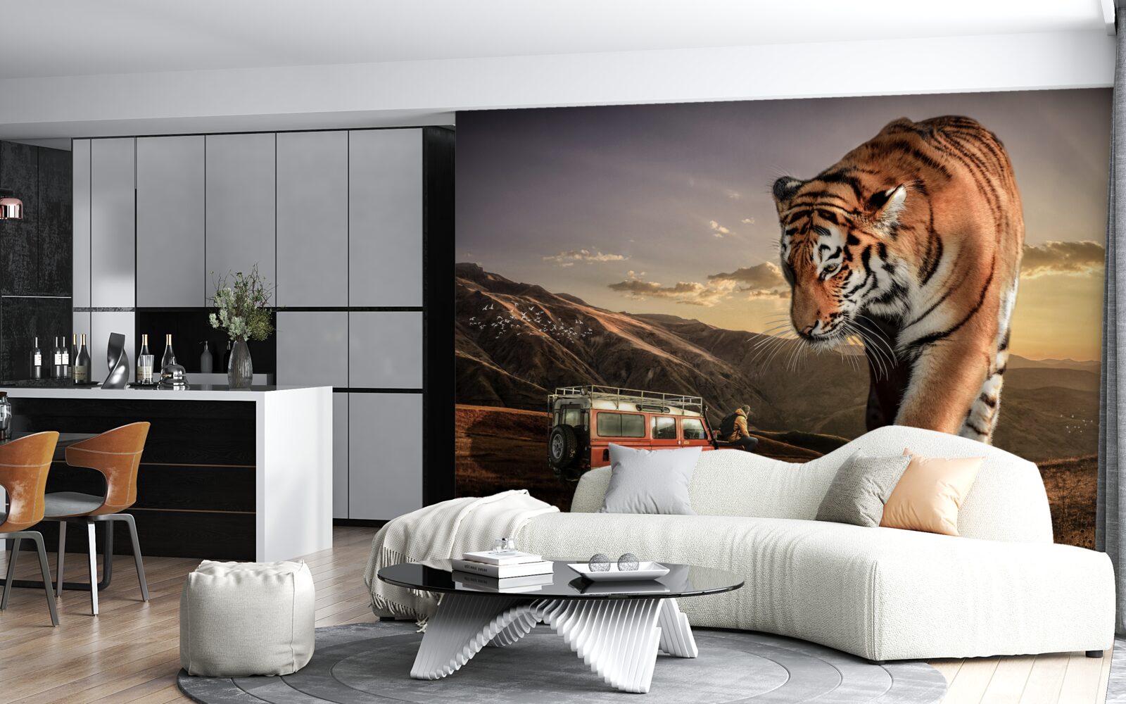 Fotobehang grote tijger kijkt naar de auto