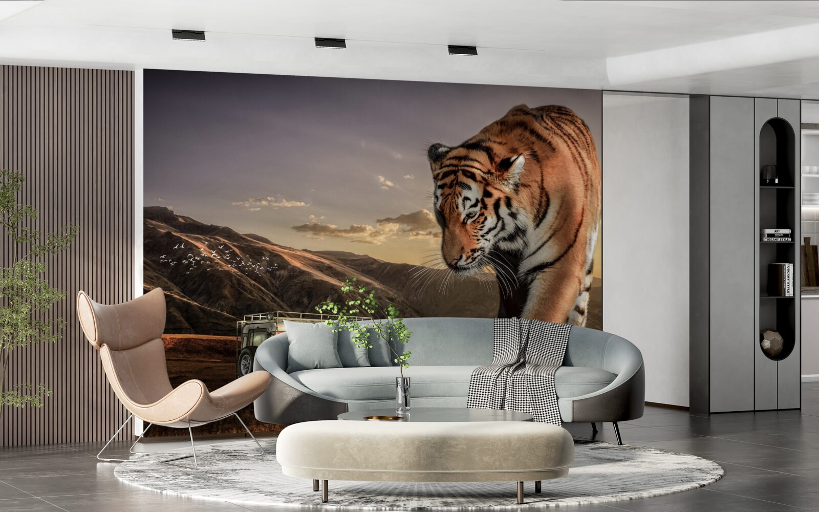 Fotobehang grote tijger kijkt naar de auto