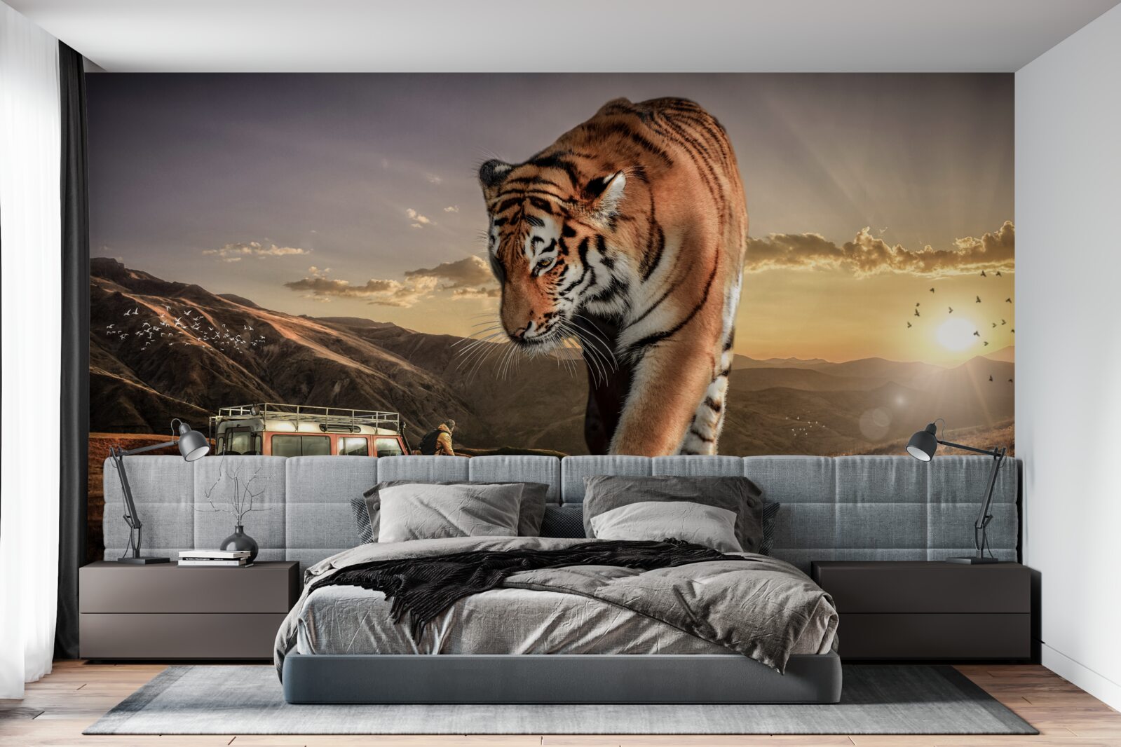 Fotobehang grote tijger kijkt naar de auto