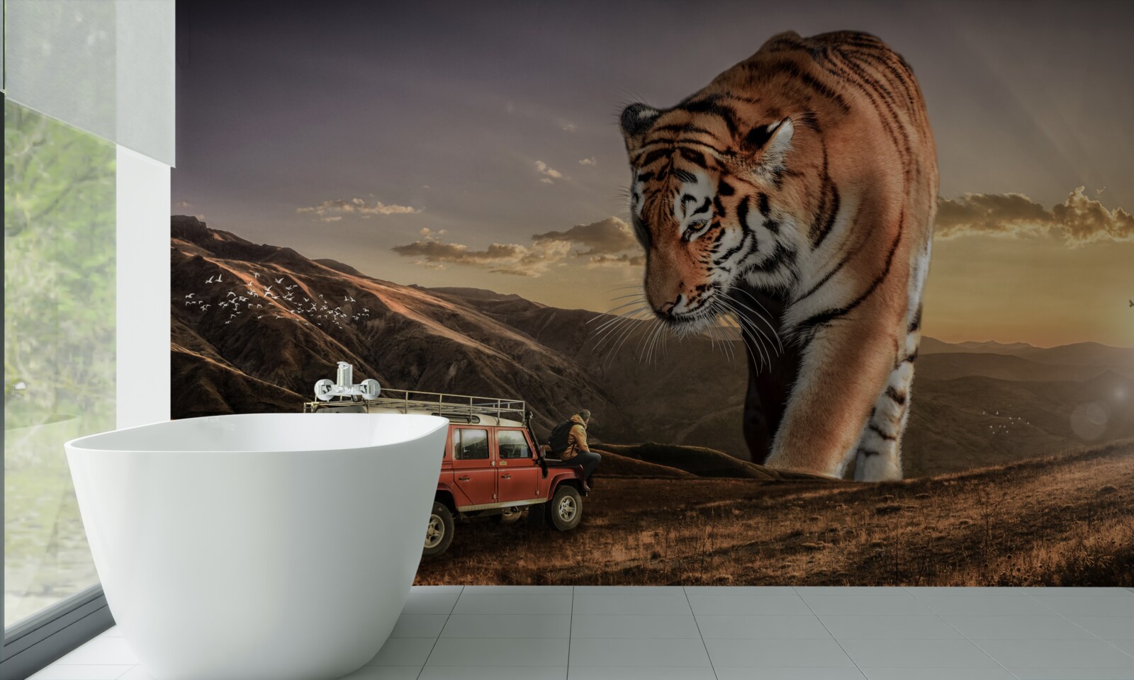 Fotobehang grote tijger kijkt naar de auto