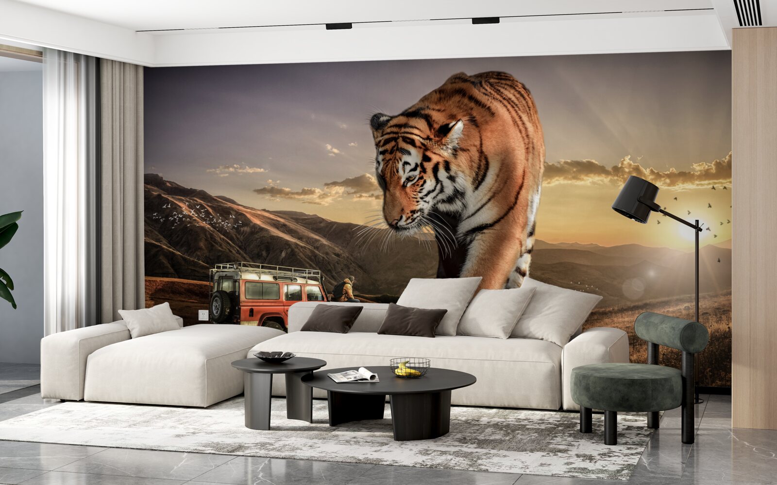 Fotobehang grote tijger kijkt naar de auto