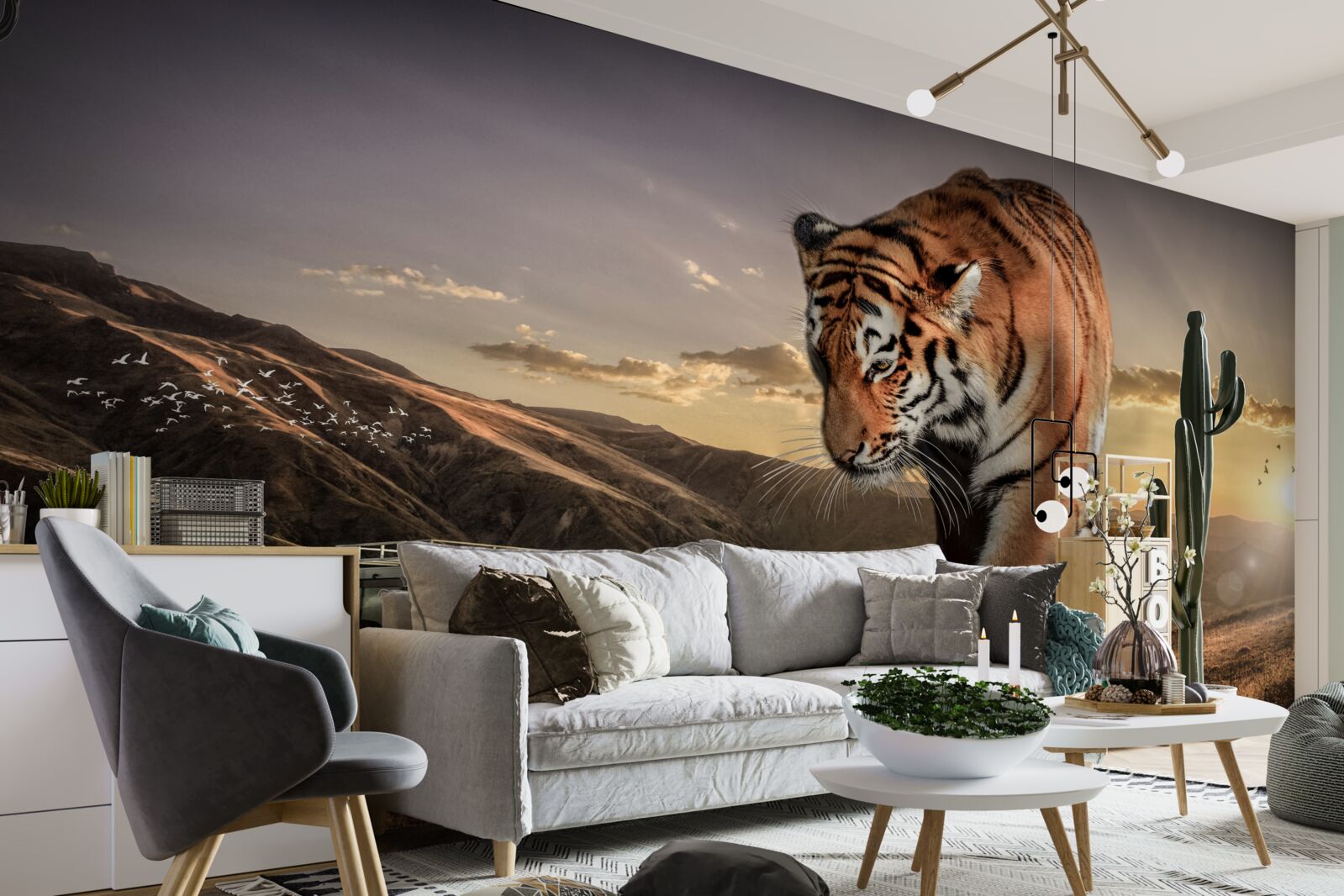 Fotobehang grote tijger kijkt naar de auto