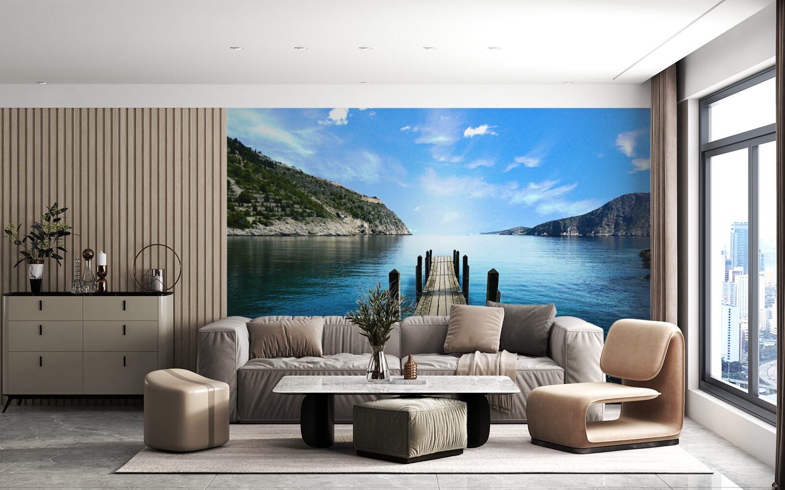 Fotobehang tegen de achtergrond van de lucht, de bergen en de rivier zie je de pontonbrug