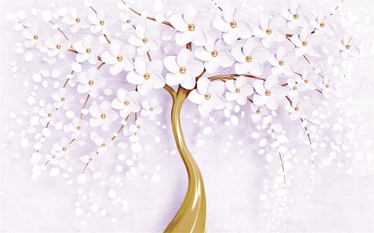 Fotobehang boom met kleine witte bloemen