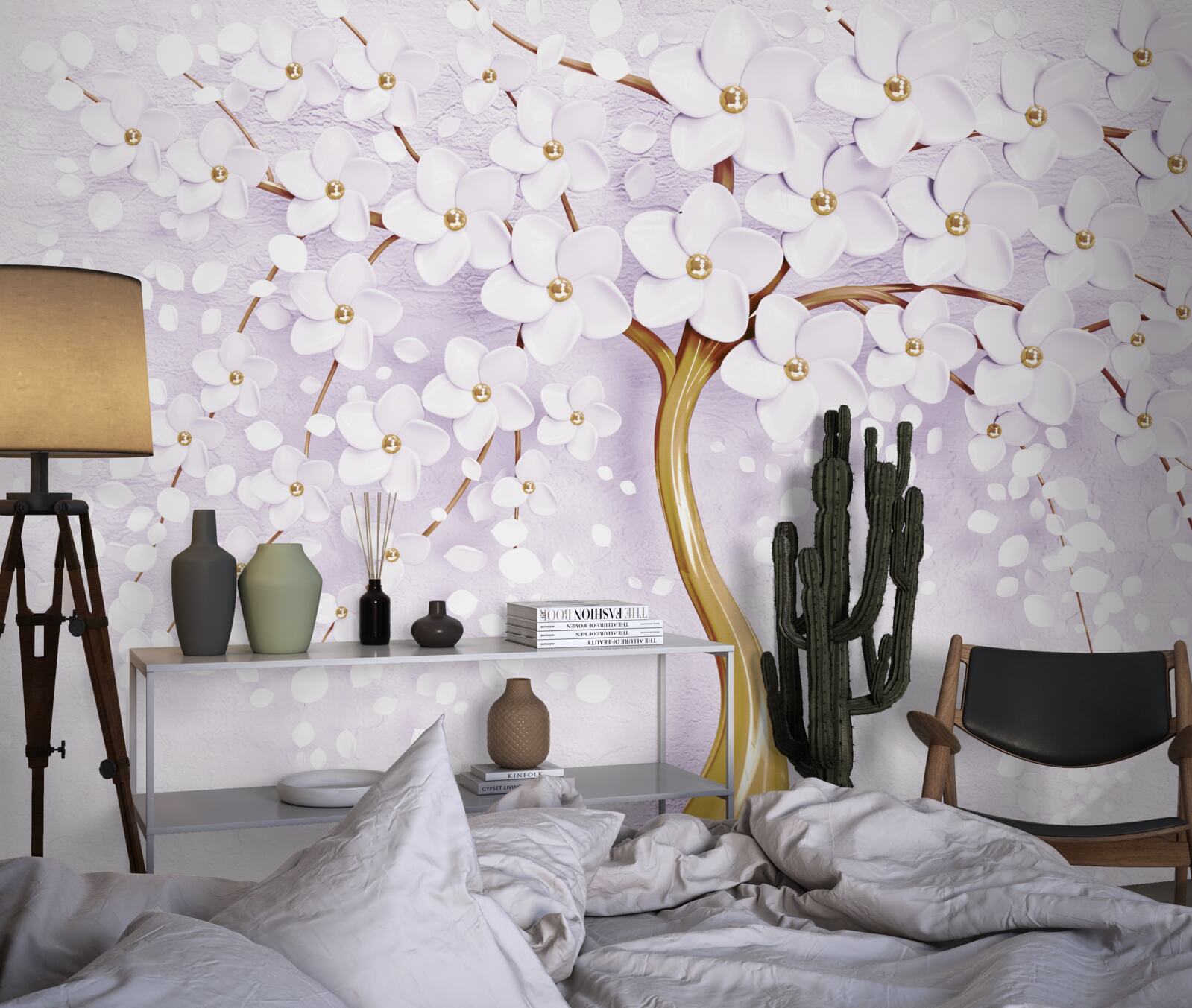 Fotobehang boom met kleine witte bloemen