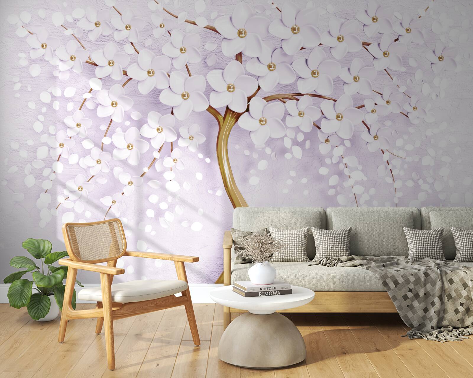 Fotobehang boom met kleine witte bloemen