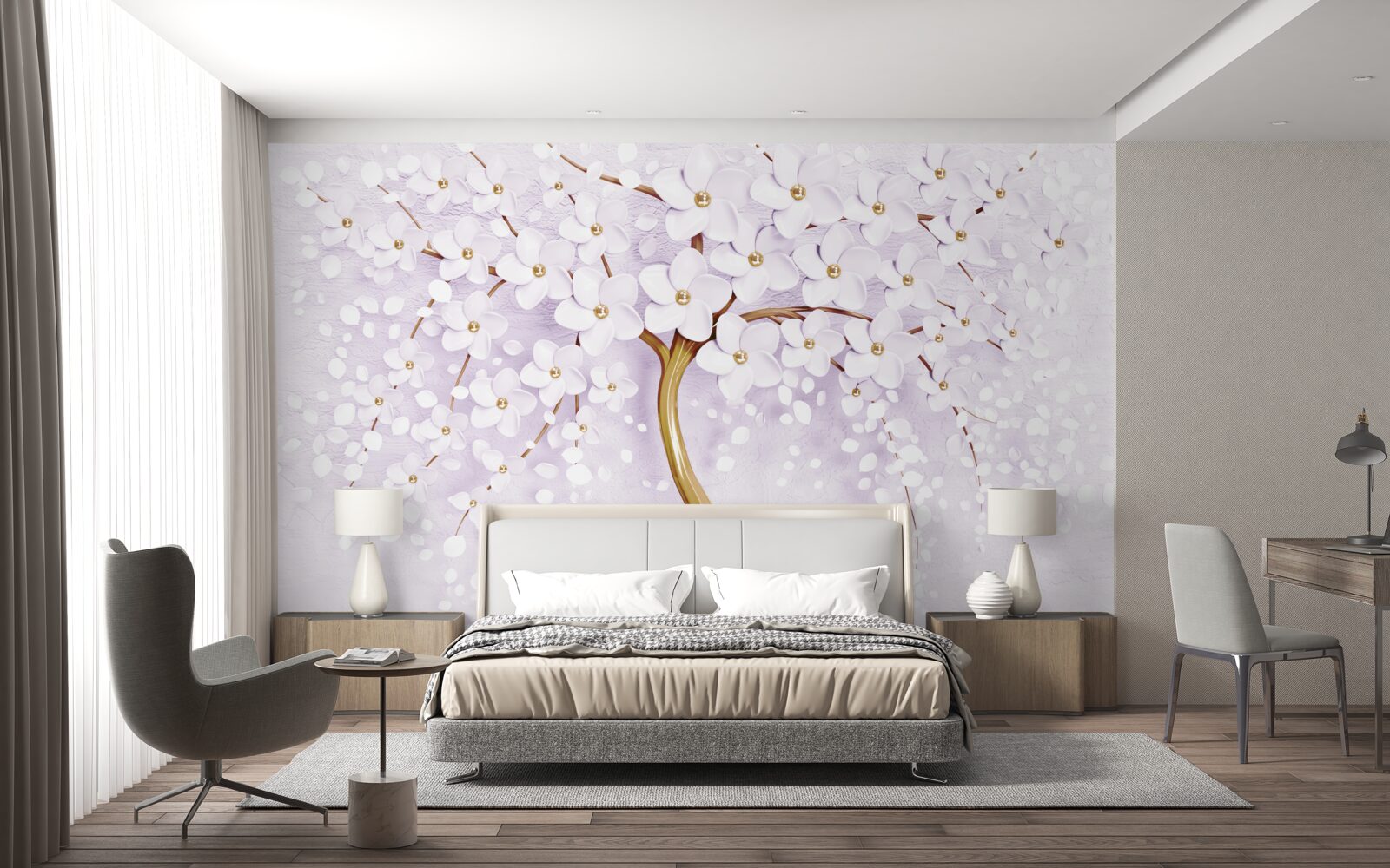 Fotobehang boom met kleine witte bloemen