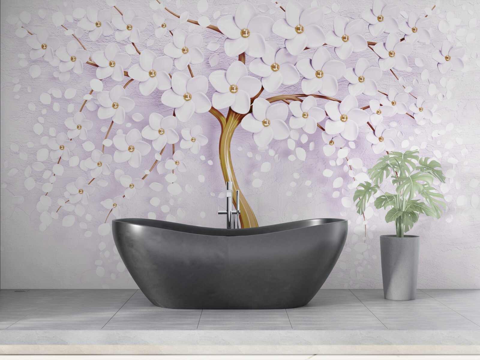 Fotobehang boom met kleine witte bloemen