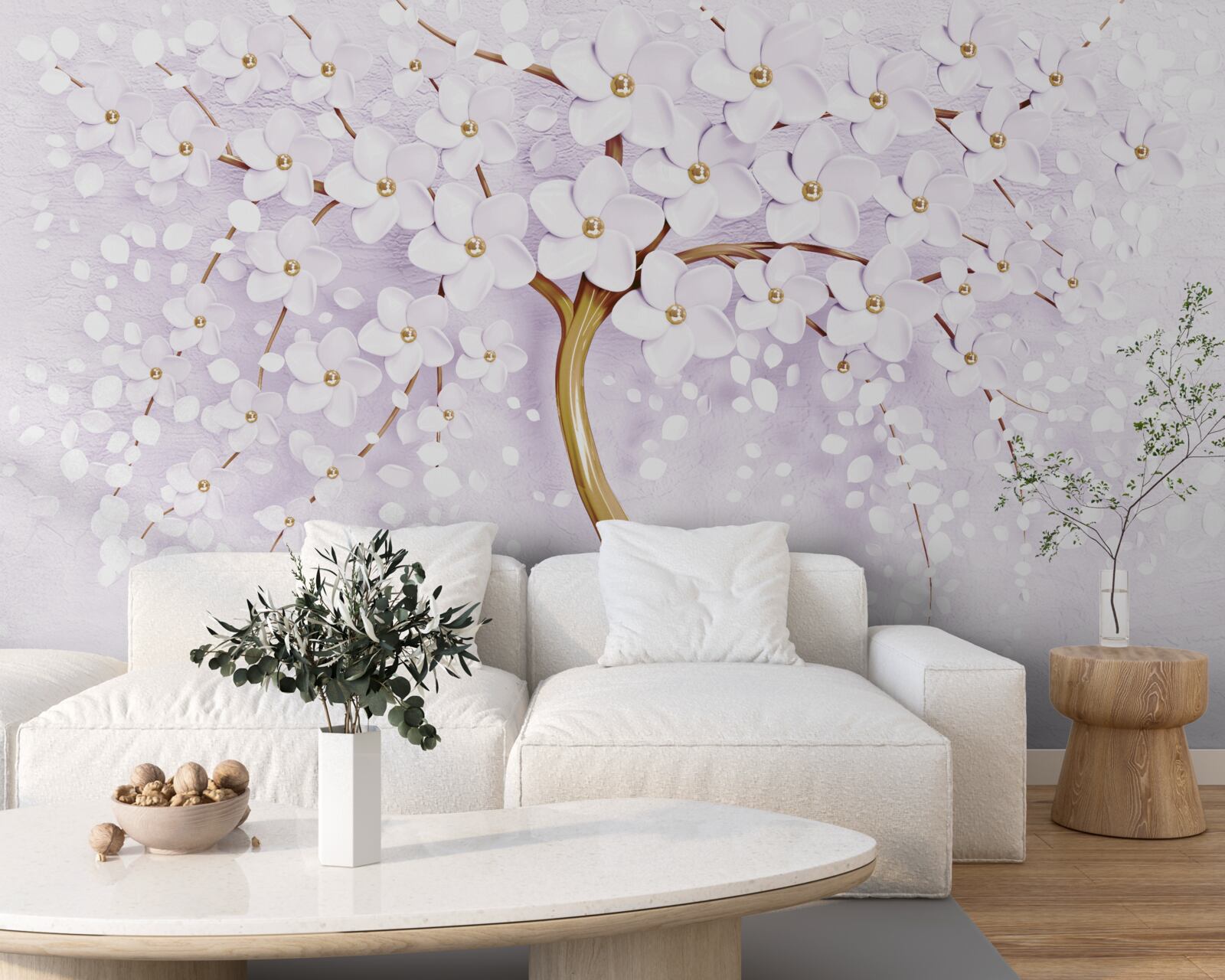 Fotobehang boom met kleine witte bloemen