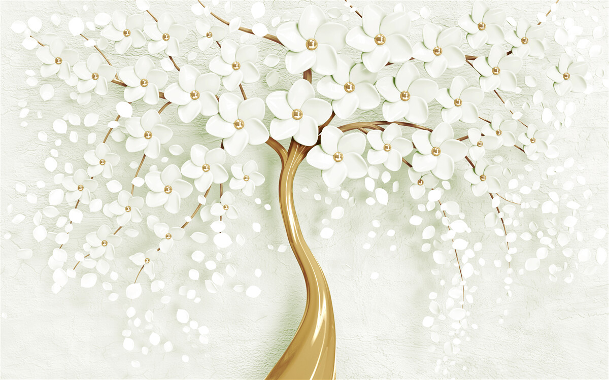 Fotobehang boom met sneeuwwitte, in de zomer bloeiende bloemen