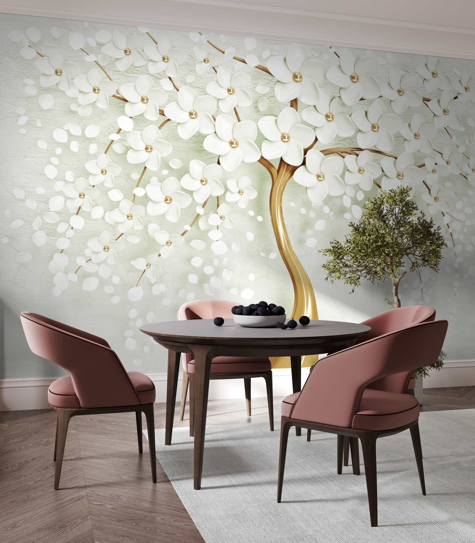 Fotobehang boom met sneeuwwitte, in de zomer bloeiende bloemen