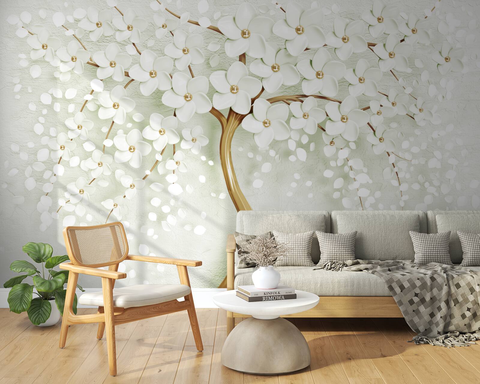 Fotobehang boom met sneeuwwitte, in de zomer bloeiende bloemen