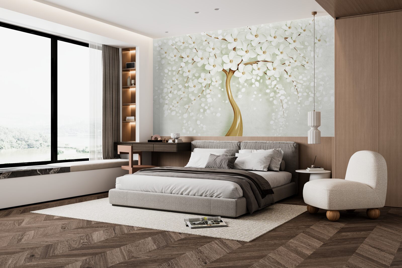 Fotobehang boom met sneeuwwitte, in de zomer bloeiende bloemen