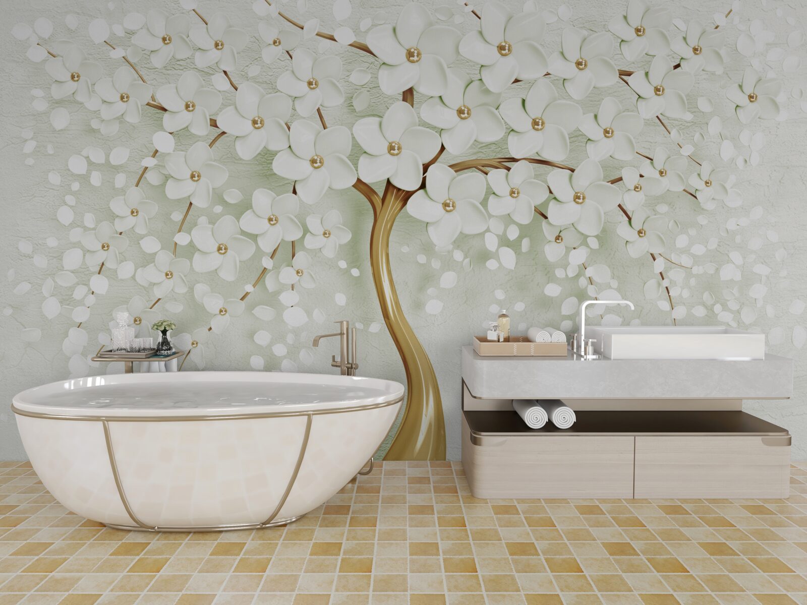 Fotobehang boom met sneeuwwitte, in de zomer bloeiende bloemen