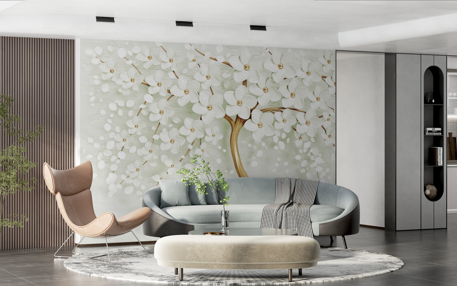 Fotobehang boom met sneeuwwitte, in de zomer bloeiende bloemen