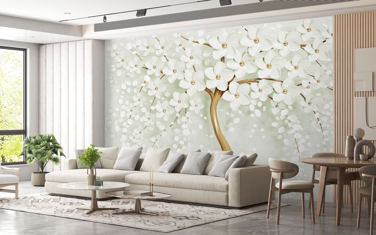 Fotobehang boom met sneeuwwitte, in de zomer bloeiende bloemen