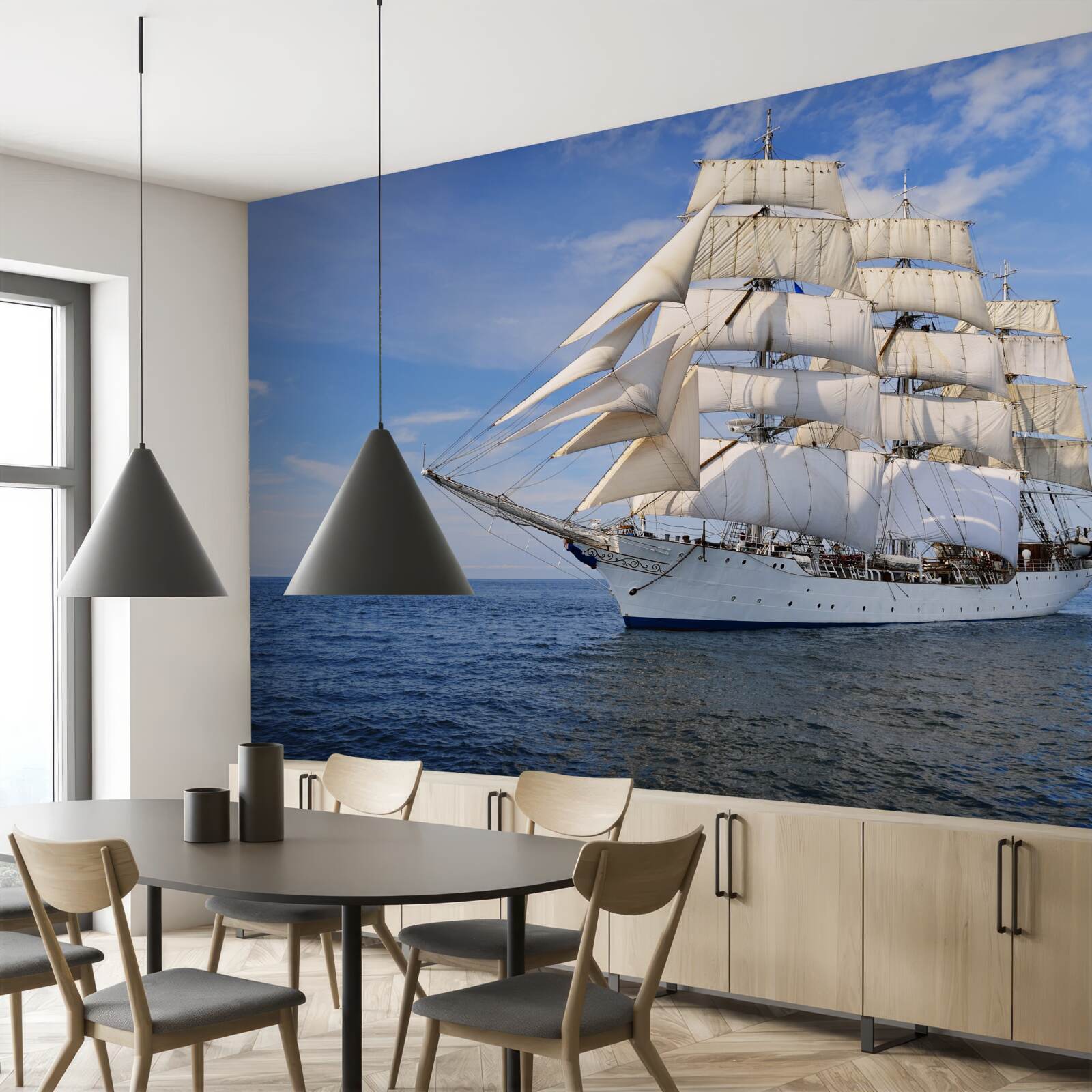 Fotobehang wit schip op het water