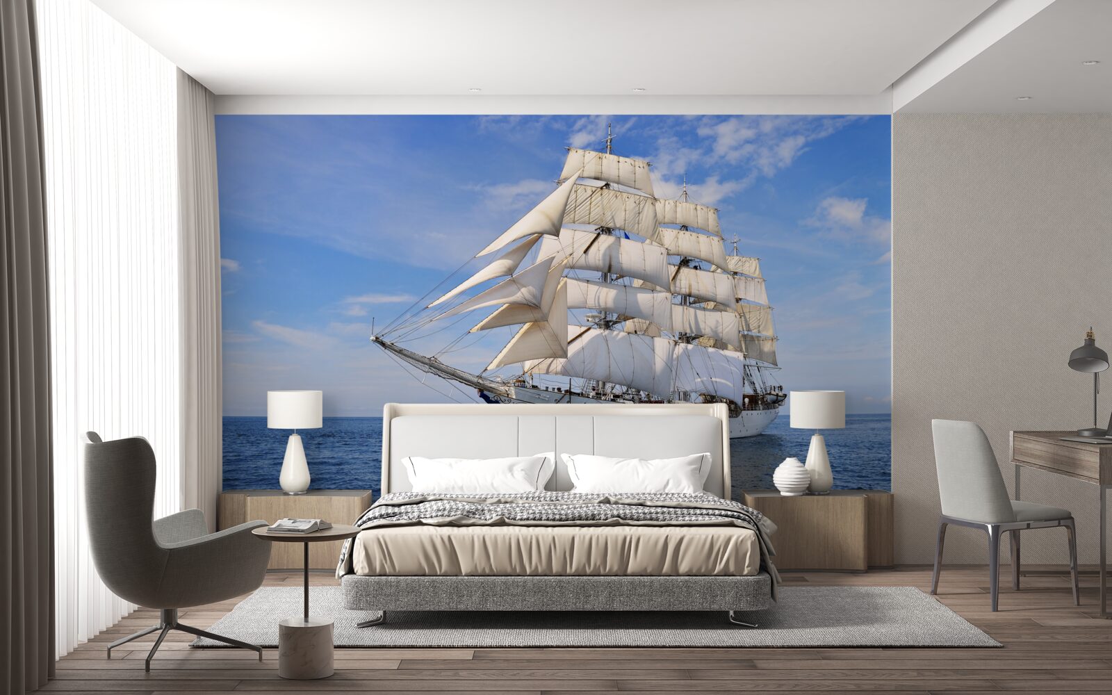 Fotobehang wit schip op het water