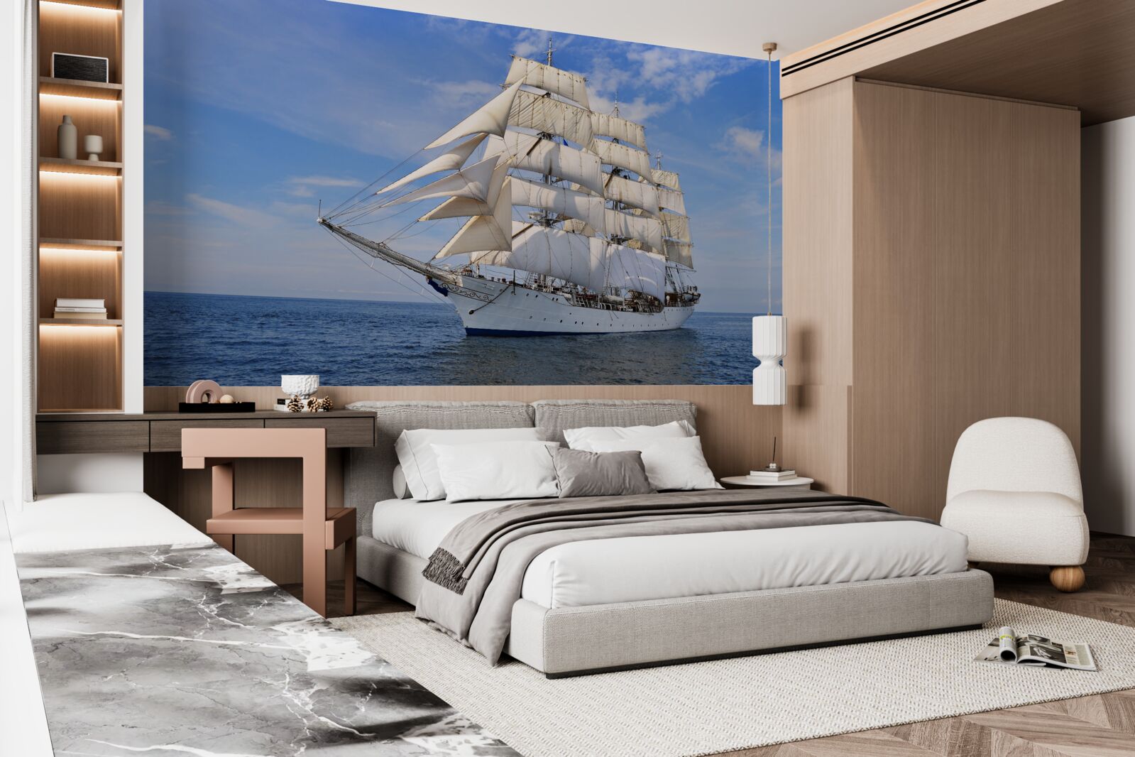 Fotobehang wit schip op het water