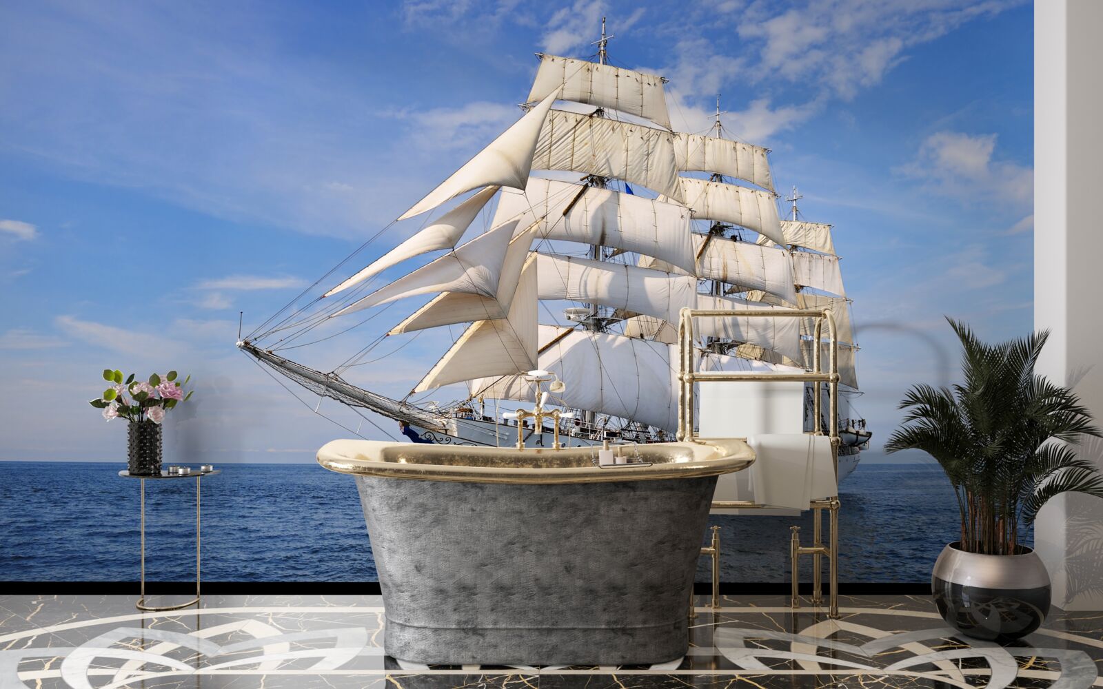 Fotobehang wit schip op het water