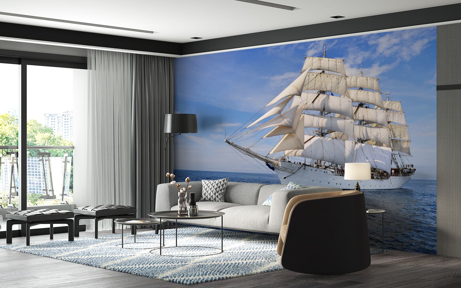 Fotobehang wit schip op het water