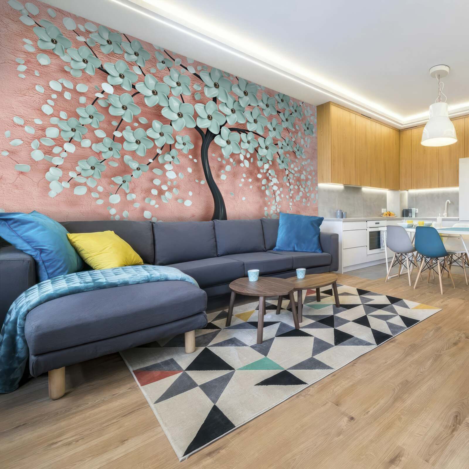 Fotobehang boom met blauwe bloemen