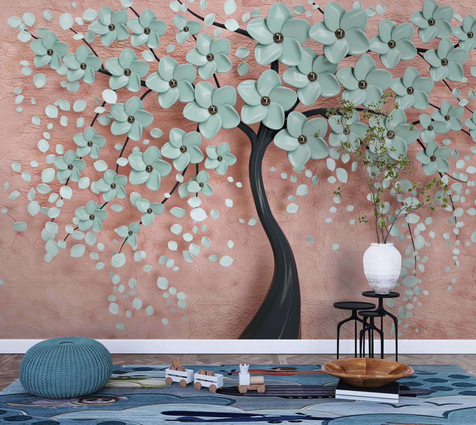 Fotobehang boom met blauwe bloemen